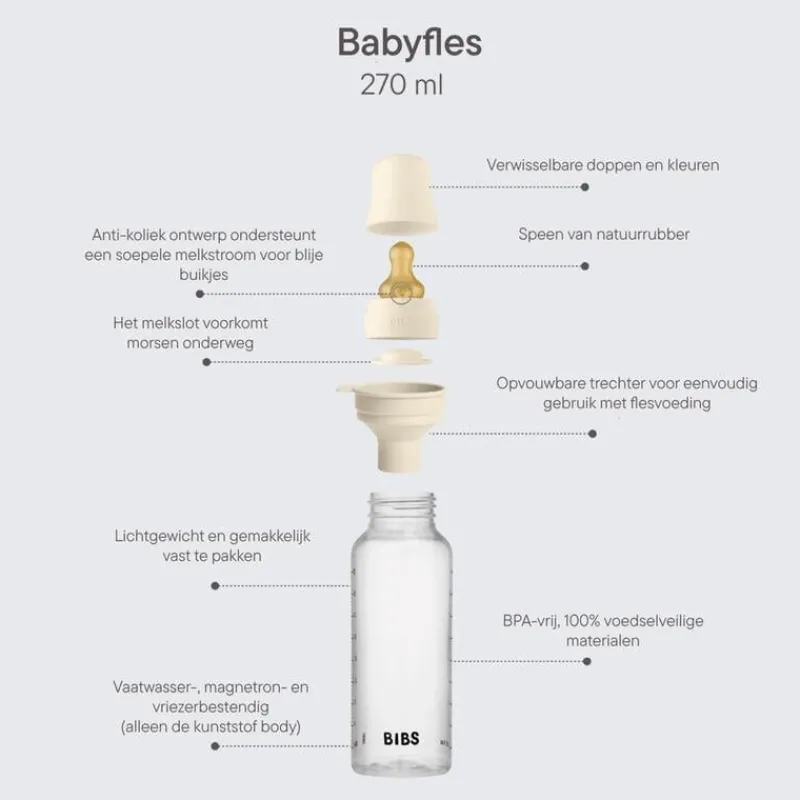 Bibs Babyfles 270 ML Ivory met Latex speen en opvouwbaar trechtertje