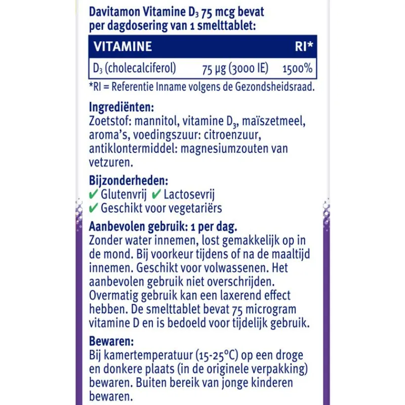 Davitamon Vitamine D3 75 mcg Smelttabletten 60+15 stuks