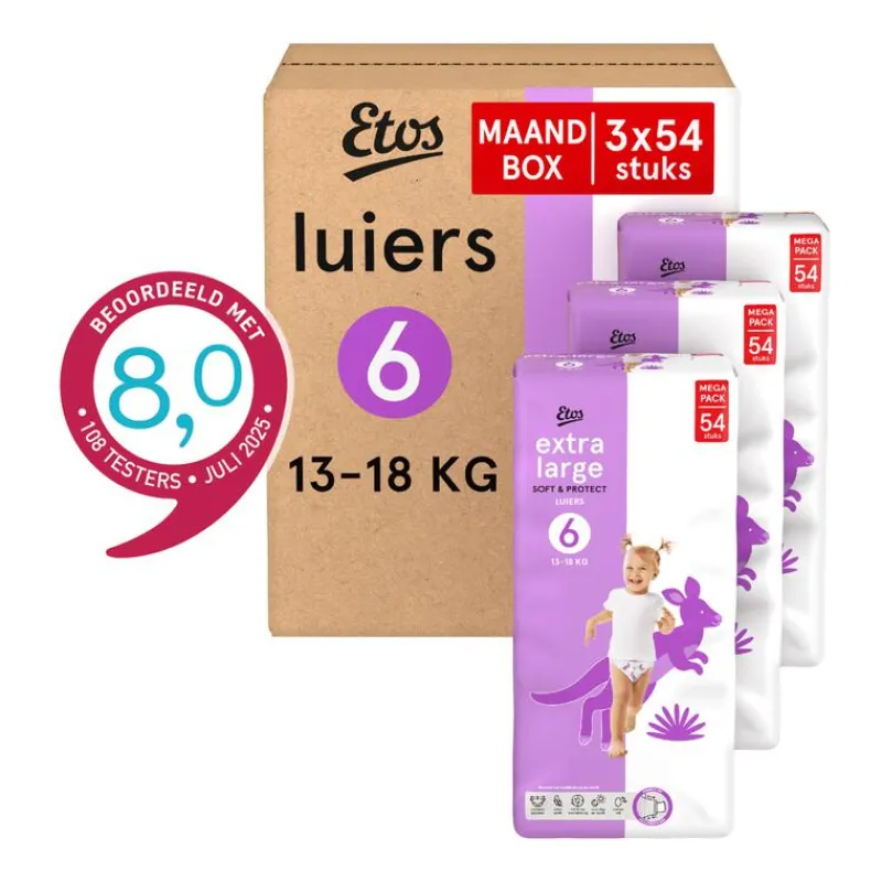 Etos Luiers Extra Large Maat 6 12-18 kg Maandbox 162 stuks