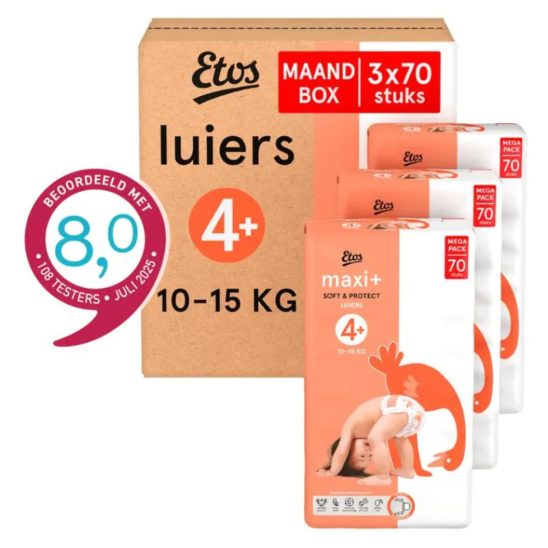 Etos Luiers Maxi+ Maat 4+ 1-15 kg Maandbox 210 stuks