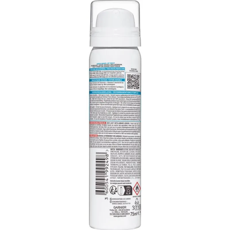 Garnier Ambre Solaire Over Make-up Super UV Mist SPF50 met Glycerine, Vitamine E en Hyaluronzuur 75ml