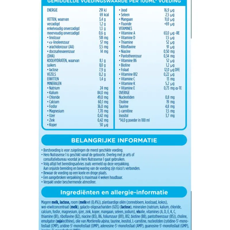 Hero Nutrasense Classic Zuigelingenvoeding 1 (0-6m) met melkvet 700 GR