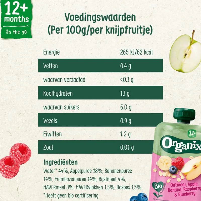 Organix Bio Knijpfruit Havermout, Appel, Banaan, Framboos, Bosbes