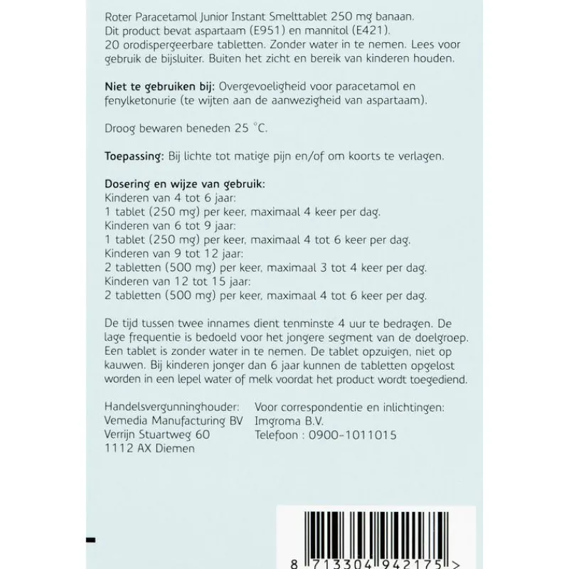 Roter Paracetamol smelttablet 250 mg Junior 20 tabletten