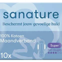Sanature 100% Katoenen Maandverband Ultra Super Met Vleugels 10 stuks